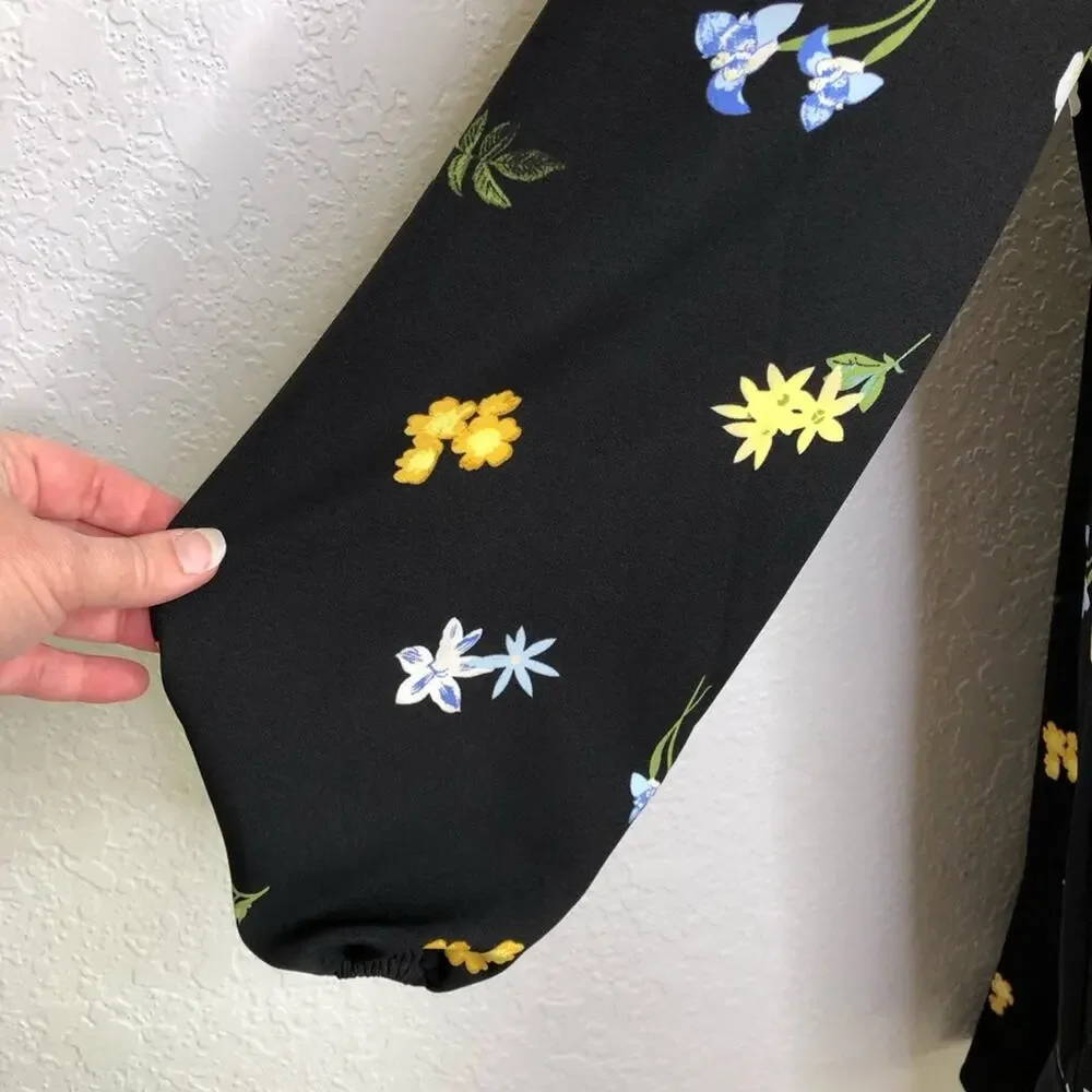 Ann Taylor Factory black yellow white floral long sleeve dress size Medium